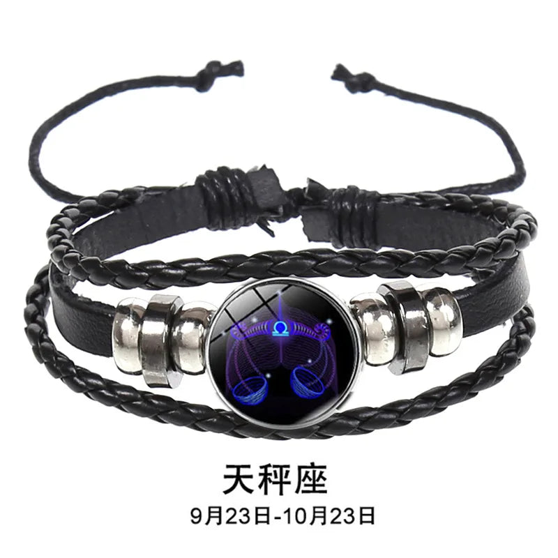 12 Constellation Zodiac Sign Charm Luminous Bracelets Men Women Vintage Multilayer Wrap Leather Chain Bangle Birthday Jewelry Pi-Mart