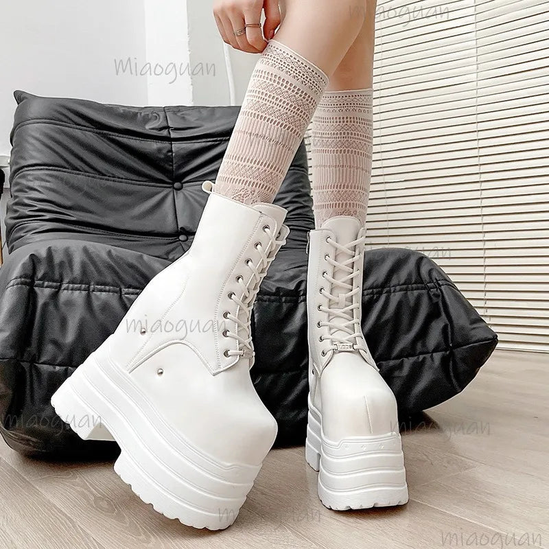 Height Increasing Women's High Boots Black Leather Thick Bottom Platform Shoes Side Zip Gothic Punk Short Boots Street Style LadyShow.Store