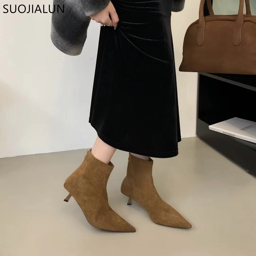 SUOJIALUN 2024 Winter New Brand Women Short Boots Fashion Pointed Toe Ladies Elegant Ankle Boots Thin High Heel Dress Pumps Shoe Pi-Mart