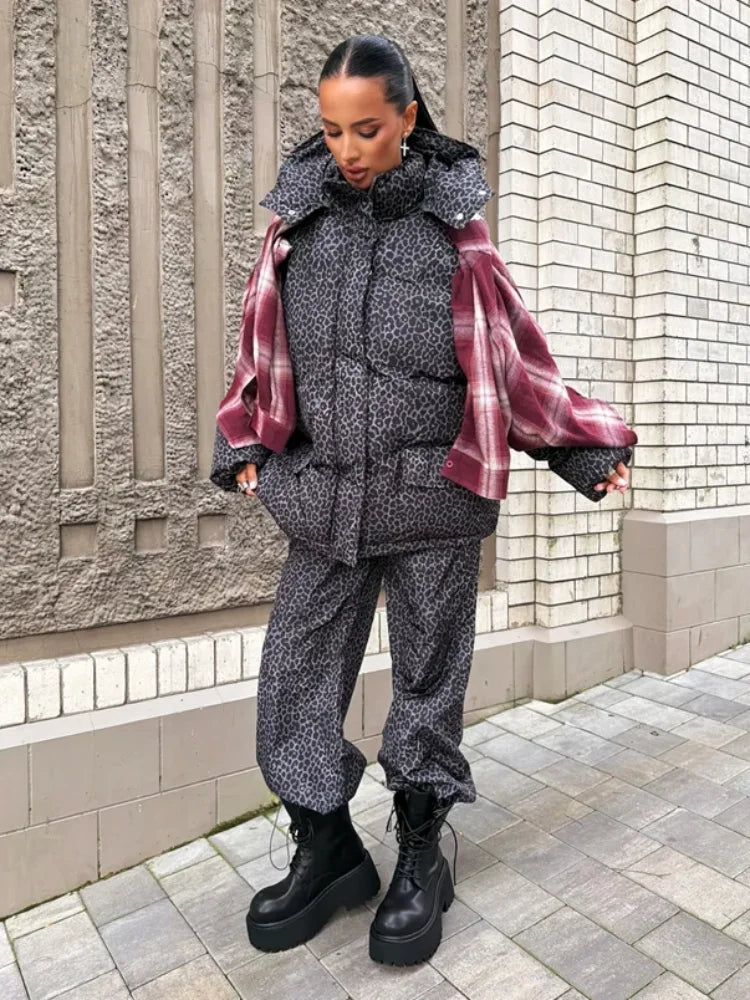 Chic Leopard Hooded Puffer Coat Set Women Quilted Full Sleeve Zip Jacket Wide Leg Pants 2026 New Lady Winter Thicken Warm Outfit Pi-Mart