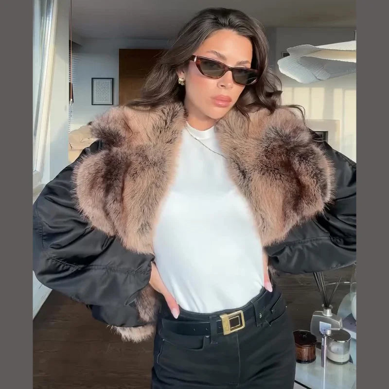 Fashion Faux Fur Patchwork Cotton Coat Women Lapel Zipper Pocket Cropped Street Warm Jacket 2026 Winter Lady Puffer Jackets New Pi-Mart