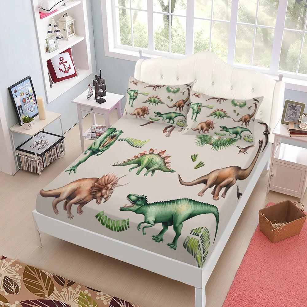 Jurassic Dinosaurs Children Fitted Sheet Set King Queen Double Full Size Bed Linen Set LadyShow.Store