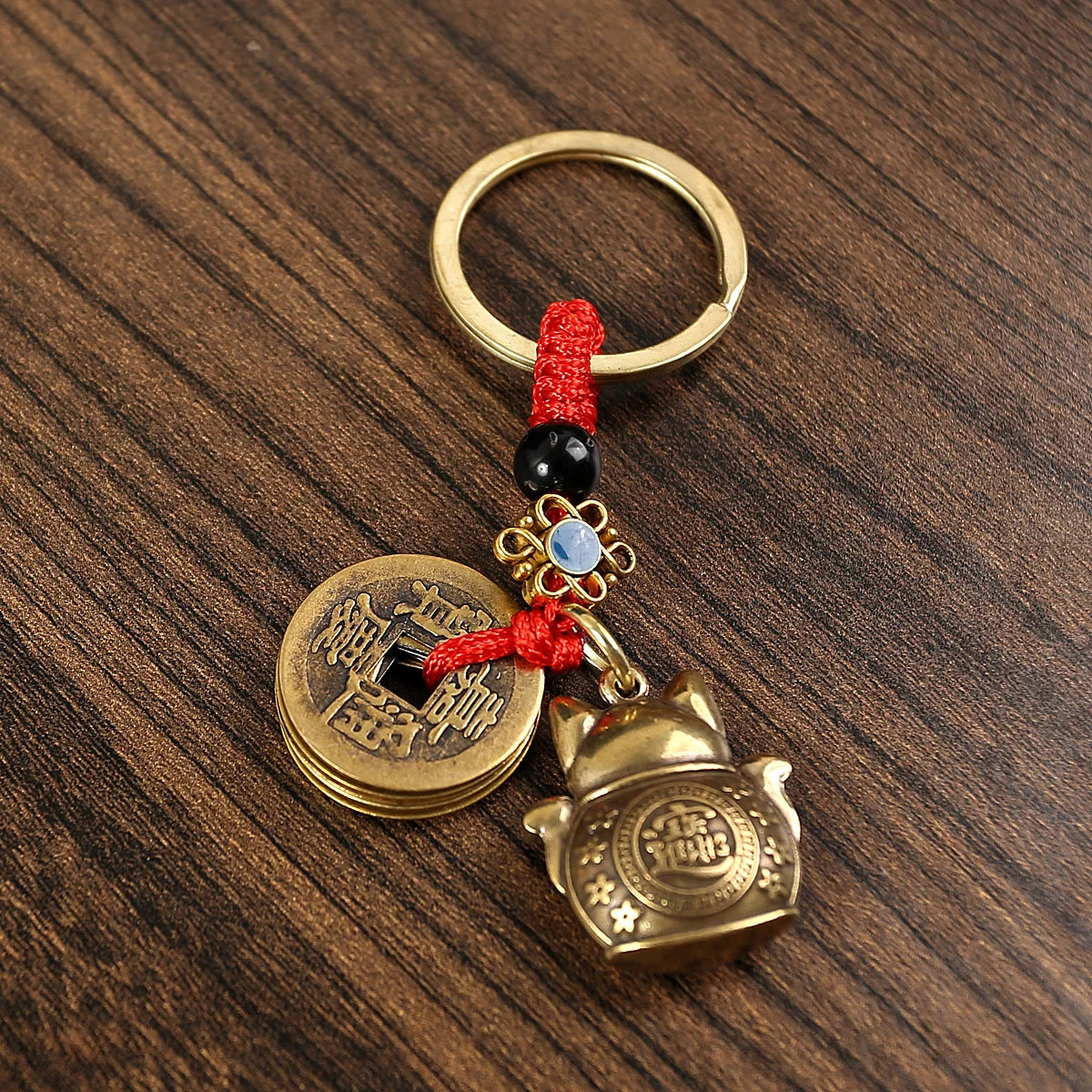 1Pc Vintage Handmade Lucky Cat Keychain Five Emperors Feng Shui Coins Key Ring Car Pendant Lucky Ornament Gift Pi-Mart