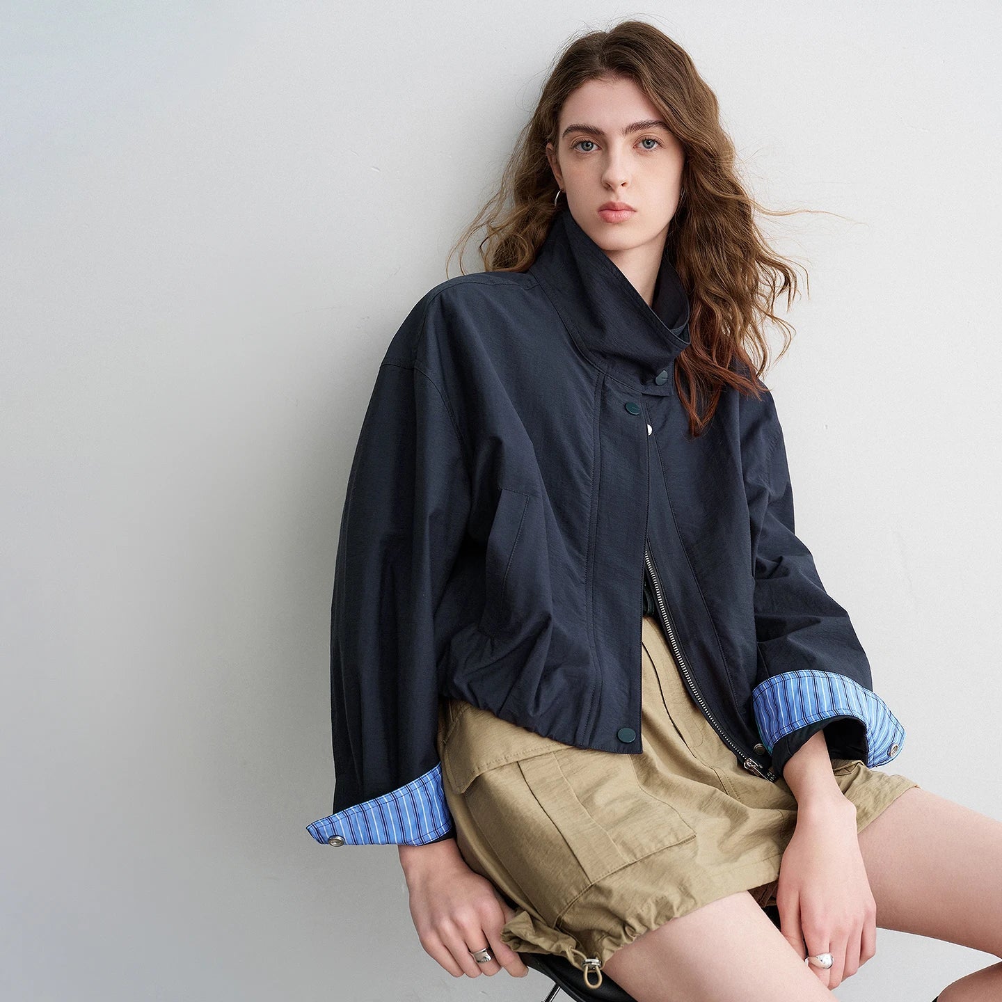TOYOUTH Women Slub Cotton Jackets 2026 Spring New Cropped Tulip Silhouette Striped Cuff - Turn Up Stand Collar Tops LadyShow.Store