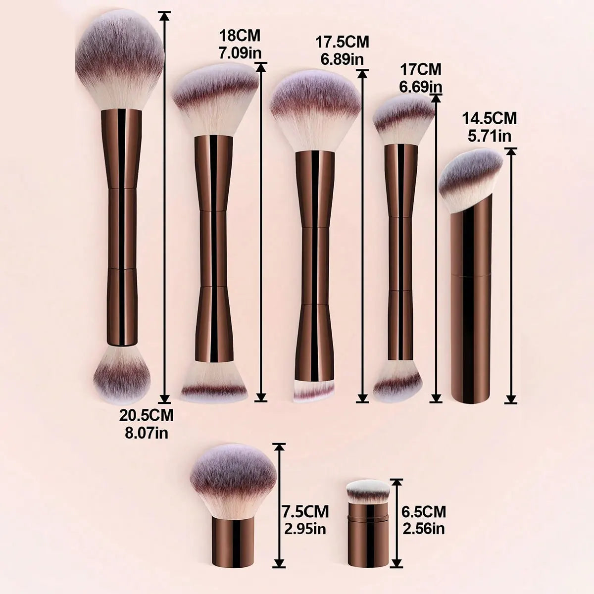 7pcs Professional Makeup Brush Set, Includes: 4pcs Dual-Ended Face Brushes, 1pc Angled Brush, 1pc Short Handle Foundation Brush, Tri Light Beauty