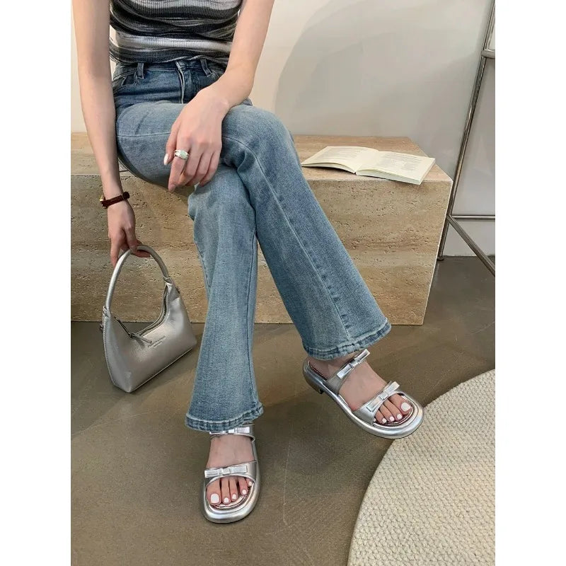 New Summer Women's Slippers 2024 Stylish Peep-toe Low Heel Silver Women's Comfortable Beach Shoes Sapatilas LadyShow.Store