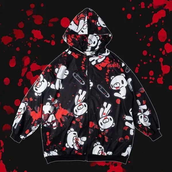 American High Street Y2K Hoodie Women's Cartoon Printed Bear Long Sleeve Coat Subculture Graffiti Yami Kawaii Loose Hooded Coat LadyShow.Store