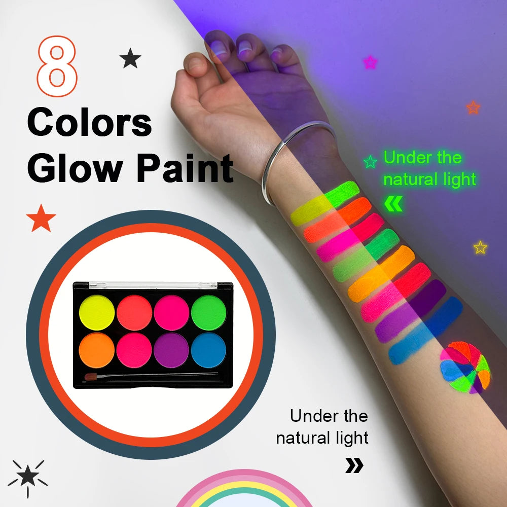 8 Colors Body Painting Palette for Tattoo Art UV Glow in The Dark Makeup Carnival Artist Cosplay Art Party Festival Cosmetics Pi-Mart
