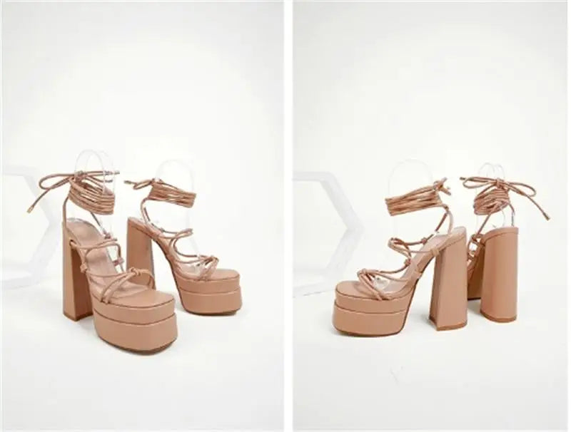 FF2025 New Fashion Solid Colored Cross-tied Heels Supper High Platform Dressing Sandals Peep-toe Square Heel Summer Footwear Pi-Mart