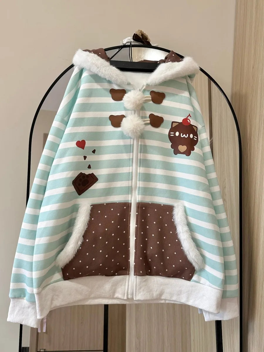 Japanese Sweet Coats Y2K Clothing Hoodie Women Tops Autumn and Winter Color Match Splicing with Thick Velvet Cardigan Jackets LadyShow.Store