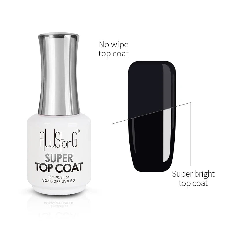 AWStorG 15ML Super Top Coat Nail Art Gel Varnish Semi Permanent Soak Off No Wipe UV Gel Varnish Shining Clear Top Coat Tri Light Beauty