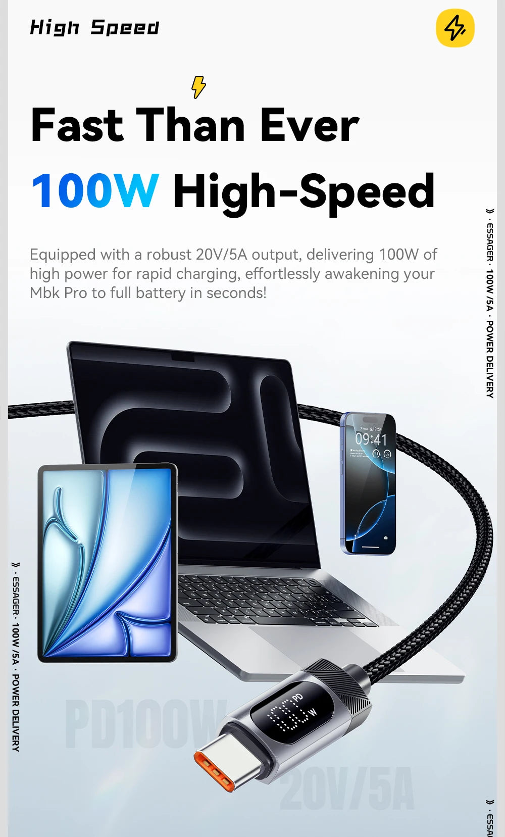 Essager Digital Dispaly USB C Cable For iPhone 17 16 15 Xiaomi Huawei 100W PD Fast Charging For Macbook iPad Type C to C Cable Pi-Mart