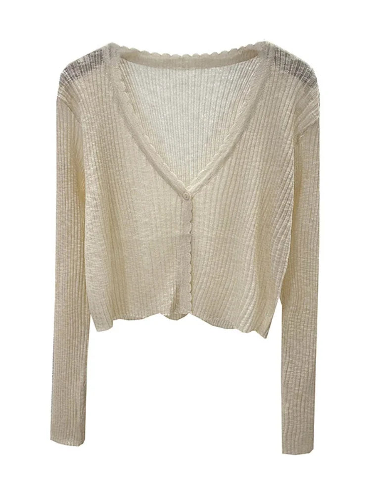 Summer Short Ice Silk Knitted Sun Protection Cardigan Women's Thin Suspender Skirt Layered Gauze Jacket Air-conditioned Cover Up LadyShow.Store