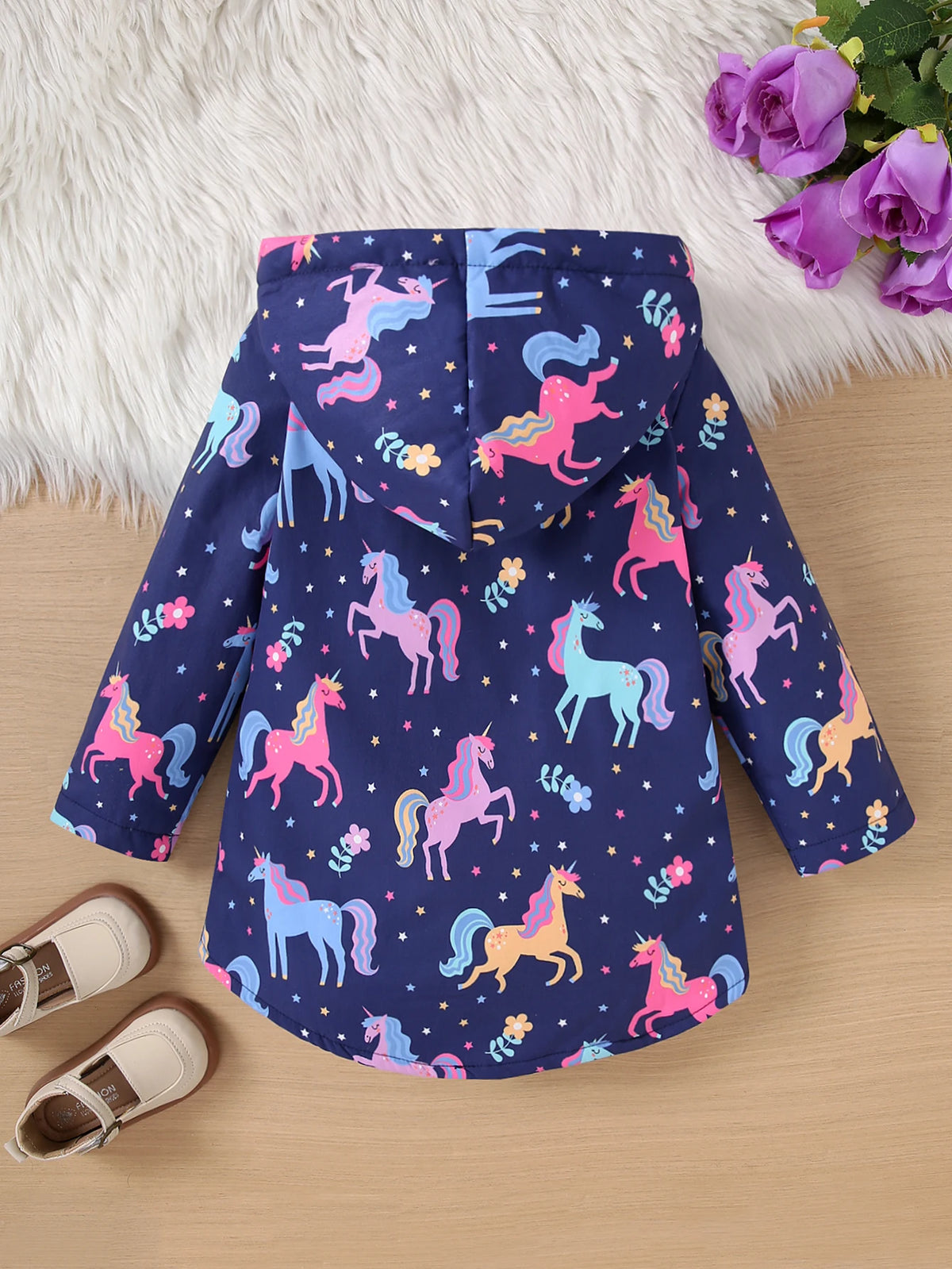 Autumn/Winter Fleece Warm And Cold Proof Girls' Colorful Printed Hooded Jacket For Casual Outings Medium To Long Length Jacket Pi-Mart
