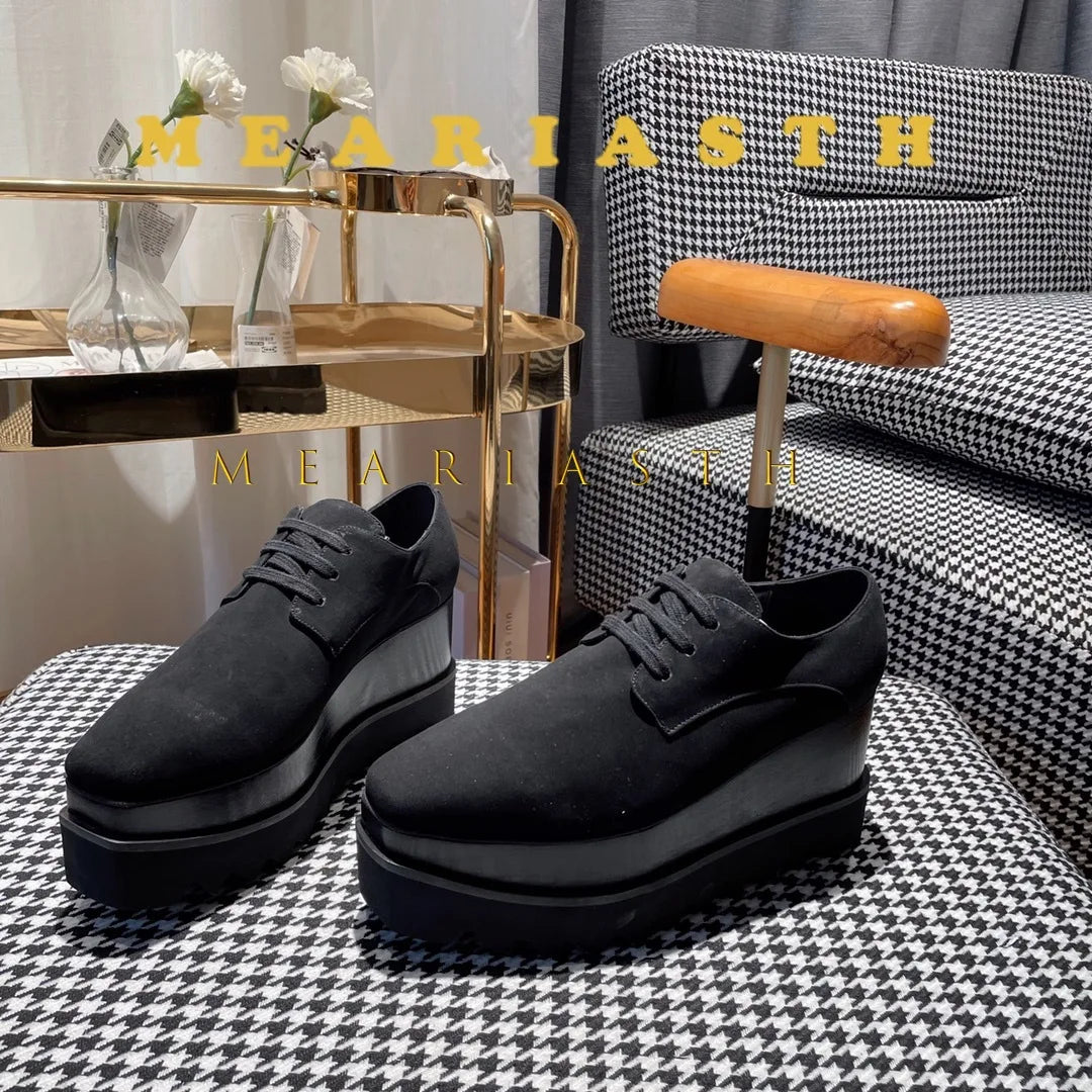 Women Walking Sneakers Autumn Lace-up High Platform Chunky Shoes Breathable Leather Shoes 8.5CM Winter Wedge Heels Casual Shoes Pi-Mart