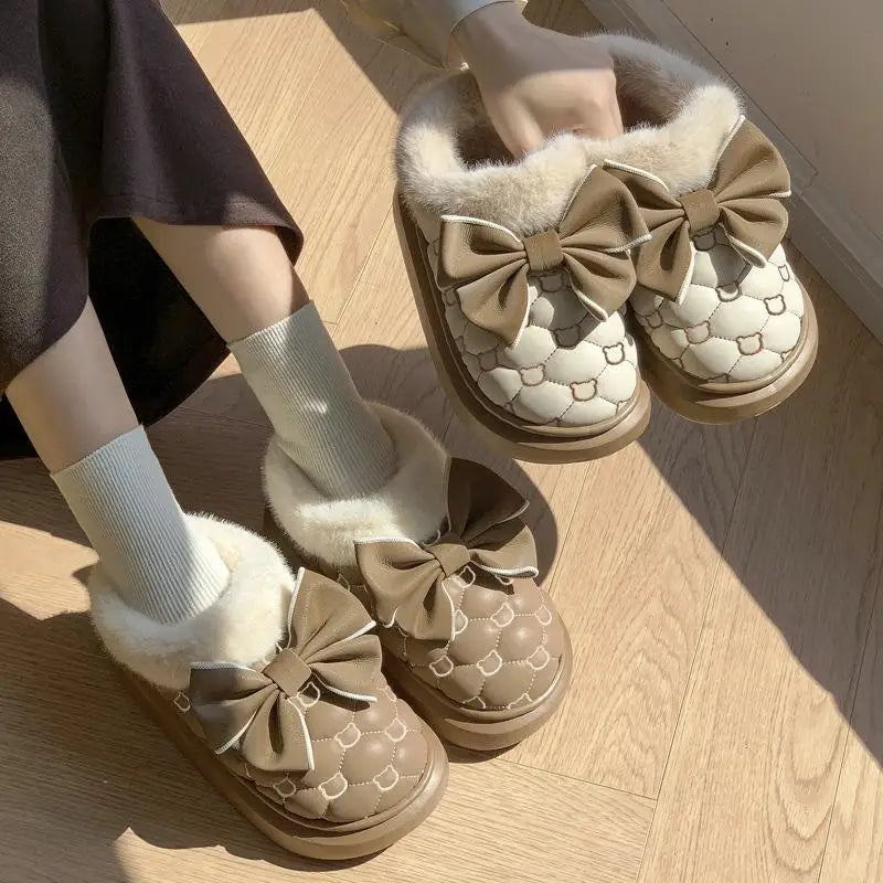 Platform Ankle Boots Female Bowknot Designer Winter Snow Booties Indoor Fluffy Slippers Women House Flats Fashion Footwear Warm LadyShow.Store