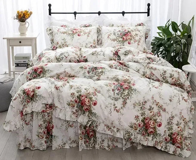 Garden Flower Print King Size Bedding Set Ruffle Duvet Cover Bed Sheet Princess Bed Linens Bedding Set Queen Comforter Sets LadyShow.Store