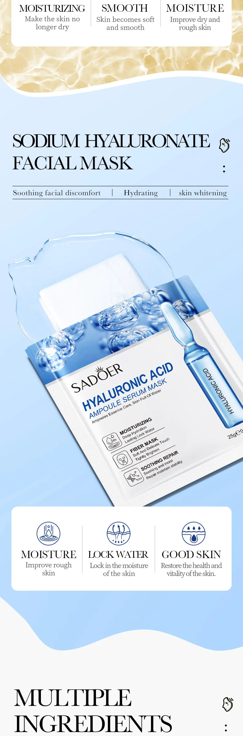10pcs SADOER 24K Gold Vitamin C Hyaluronic Acid Face Mask Facial Moisturizing Firming Hydrating Facial Masks Skin Care Products Pi-Mart