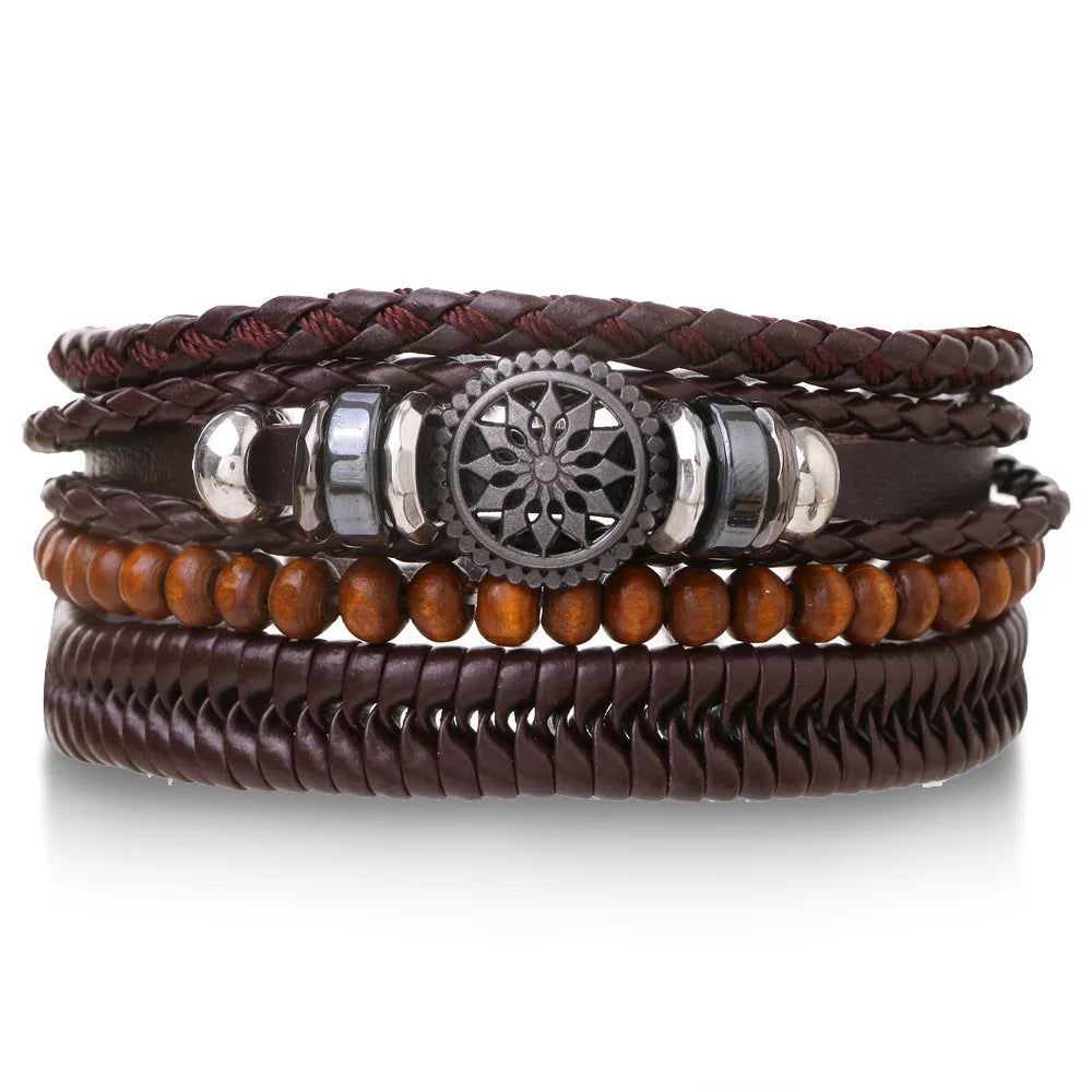 4Pcs/ Set Braided Wrap Leather Bracelets for Men Vintage Life Tree Rudder Charm Wood Beads Ethnic Tribal Wristband Rope Bracelet Pi-Mart