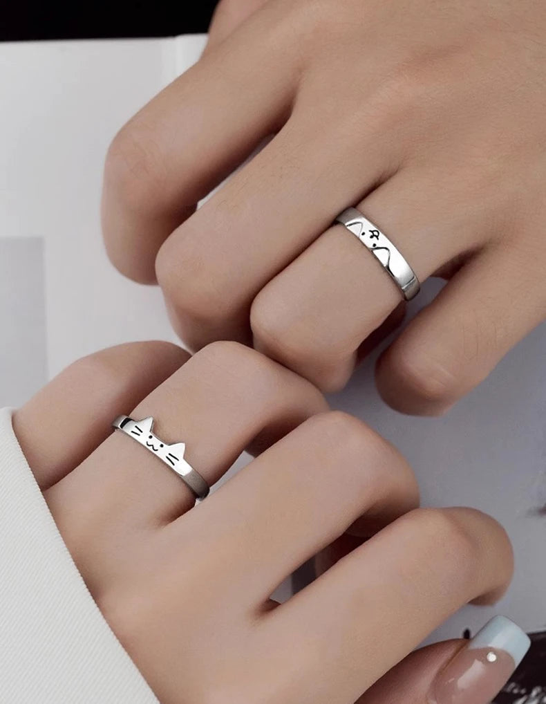 2pcs Simple Design Cute Cat Dog Animal Adjustable Couple Ring for Women Men Cartoon Fashion Couple  Friends Rings Jewelry Gifts Pi-Mart