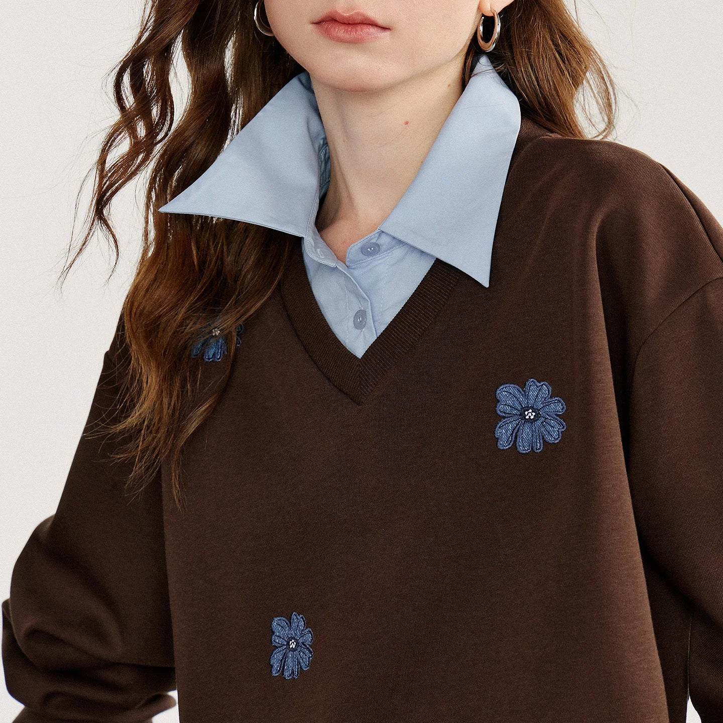 TOYOUTH Women Sweatshirt 2025 Autumn New Denim Flower Embroidery Fake Two Piece Splicing Turn Down Collar Cotton Casual Pullover LadyShow.Store