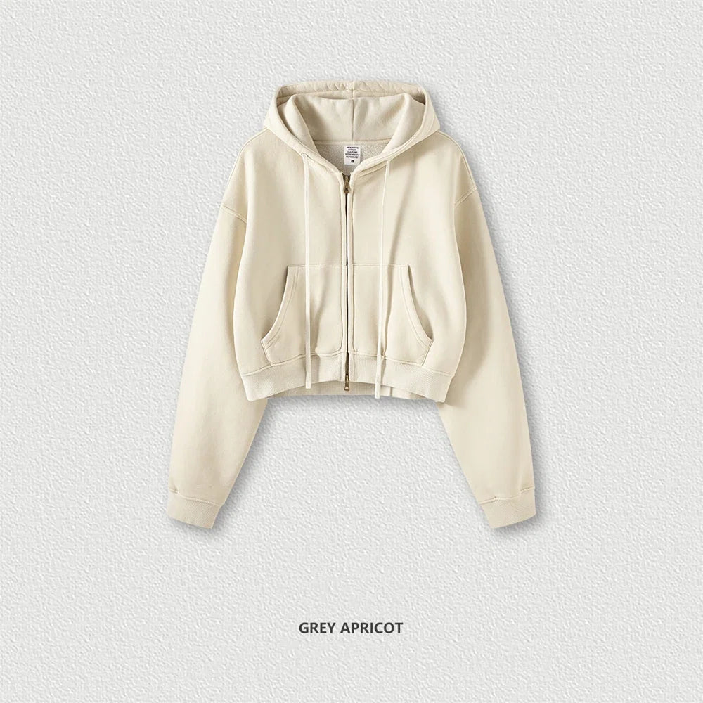 ZODF Retro 2025 Winter Women Short Zipper Hoodies Female Girls Loose 355gsm Thick Fleece Hooded Zip-up Coat Streetwears HY0448 LadyShow.Store