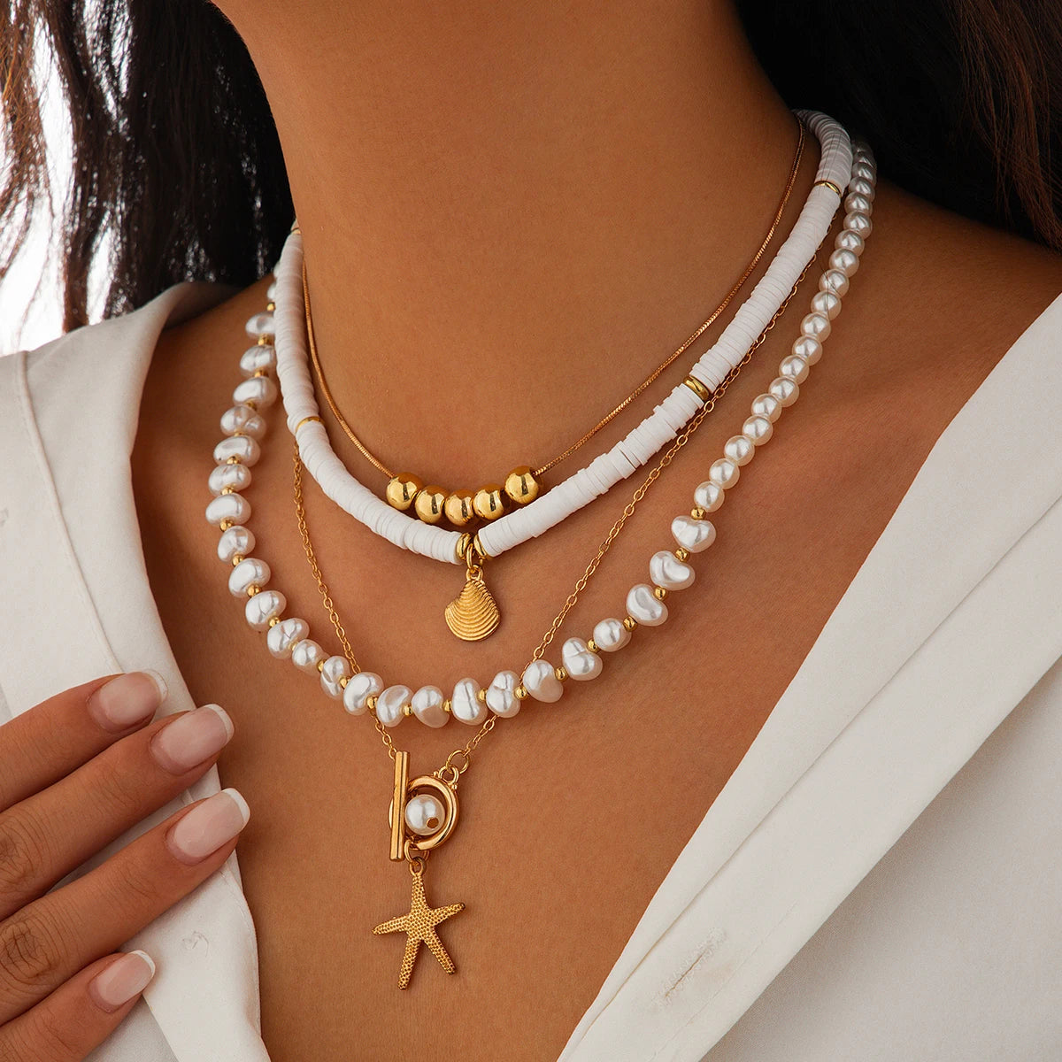 Ingemark 3Pcs/Set Bohemian Scallop Starfish Pendant Necklace for Women  Elegant Imitation Pearl Chain Jewelry Accessories Gift Pi-Mart