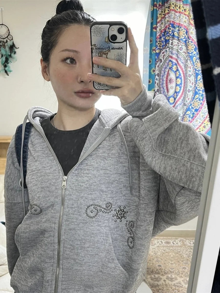 Street Sle Korean Version Simple Personali Rivet Zipper Casual Loose Matching Hoodie Jaet Unique SEI Women's Sweatirt LadyShow.Store