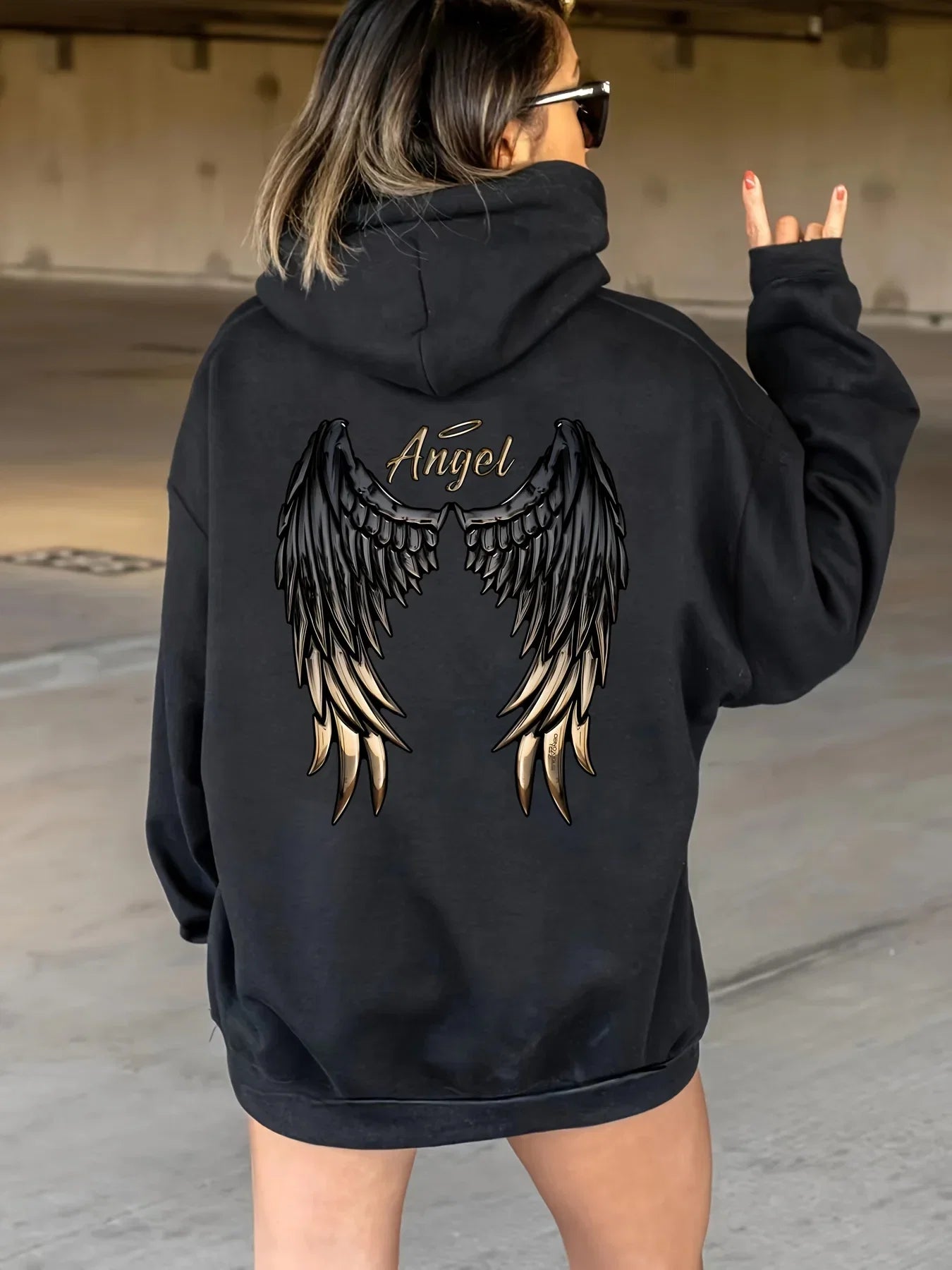 Women's Casual Hoodie with Angel Wings Graphic Drawstring Detail Kangaroo Pocket Perfect for Fall  Winter Playful Design Trendy LadyShow.Store