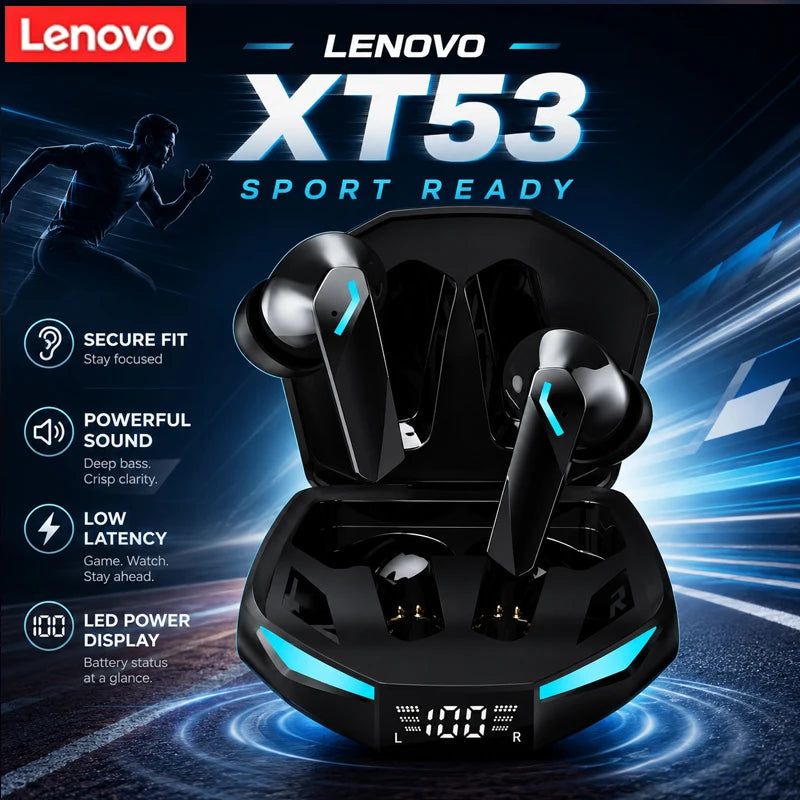 Lenovo XT53 Gaming Headset LED Digital Display Wireless Sport Earbuds HD Call Low Latency Headphones Waterproof GM2 Pro Upgraded Pi-Mart