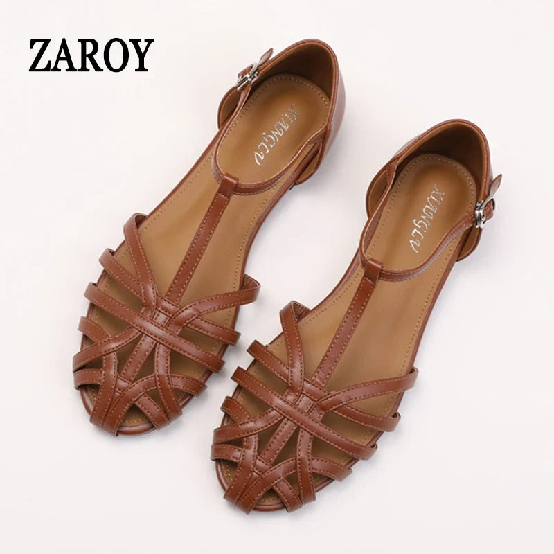 ZAROY Women's Sandals Summer Casual Footwear T-tied Cross Strap Flat Sandals Weave Hollow Roman Sandalia Zapatos сандали LadyShow.Store
