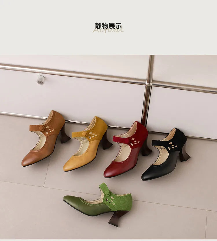 Summer Spring Cute Women Pumps Round Toe 6.5cm Small Heels Flock and PU Ankle Strap Buckle Green Yellow Big Size 46 48 Pi-Mart