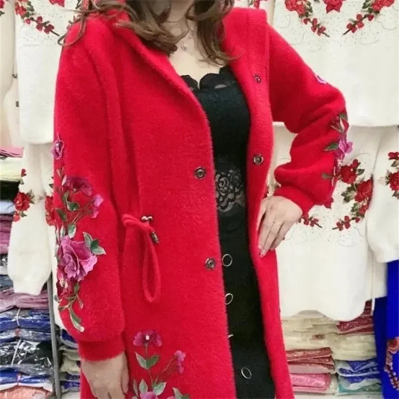 Autumn Winter New 2026 Women Imitation Mink Velvet Jacket Middle Aged Mother Hooded Loose Casual Warm Knitted  Cardigan Female Pi-Mart