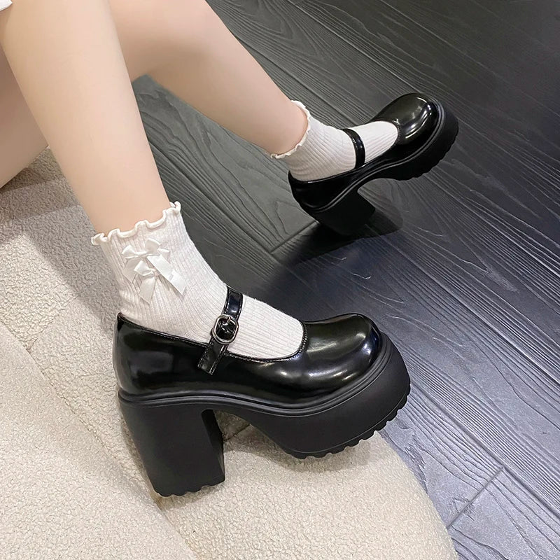 Black Super High Heels Mary Jane Shoes Women 2026 Goth Chunky Platform Pumps Woman Plus Size Ankle Buckle Party Lolita Shoes 42 Pi-Mart