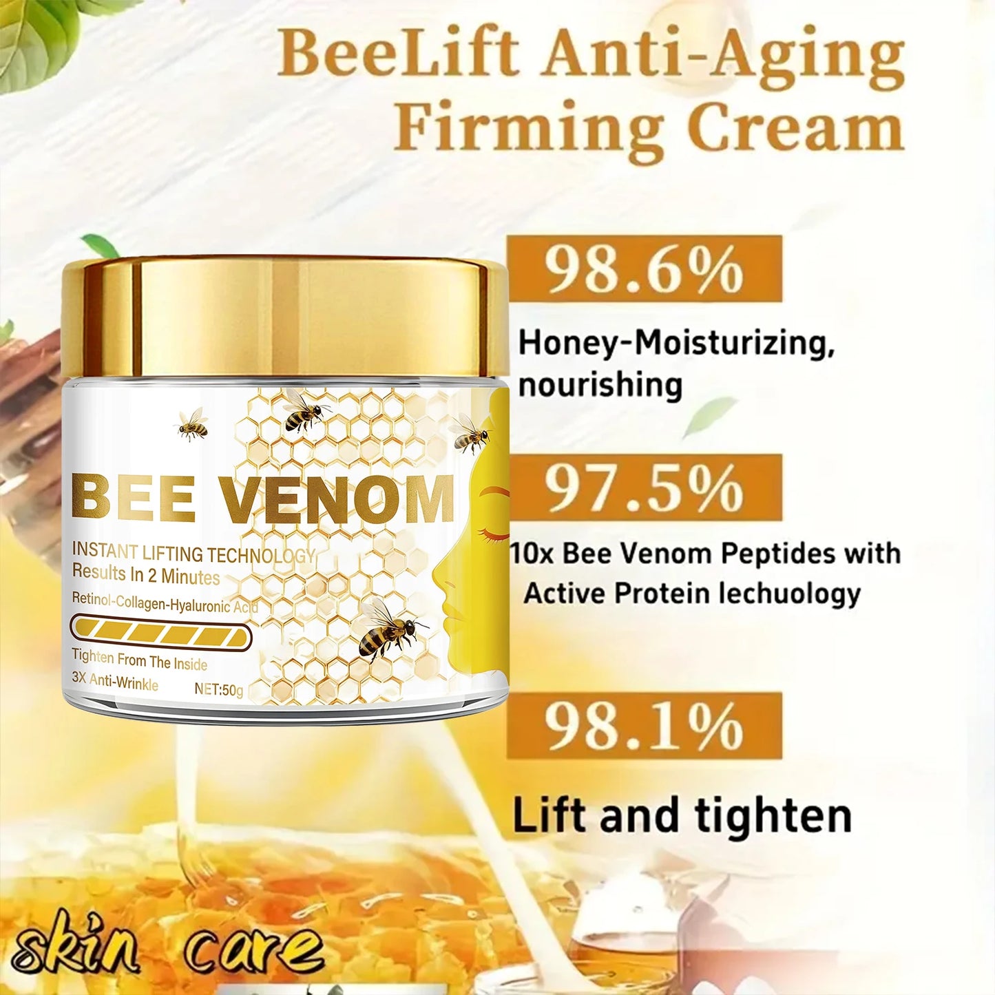 Bee venom instant lifting face cream, containing retinol and collagen, deeply penetrates, tightens and moisturizes Pi-Mart
