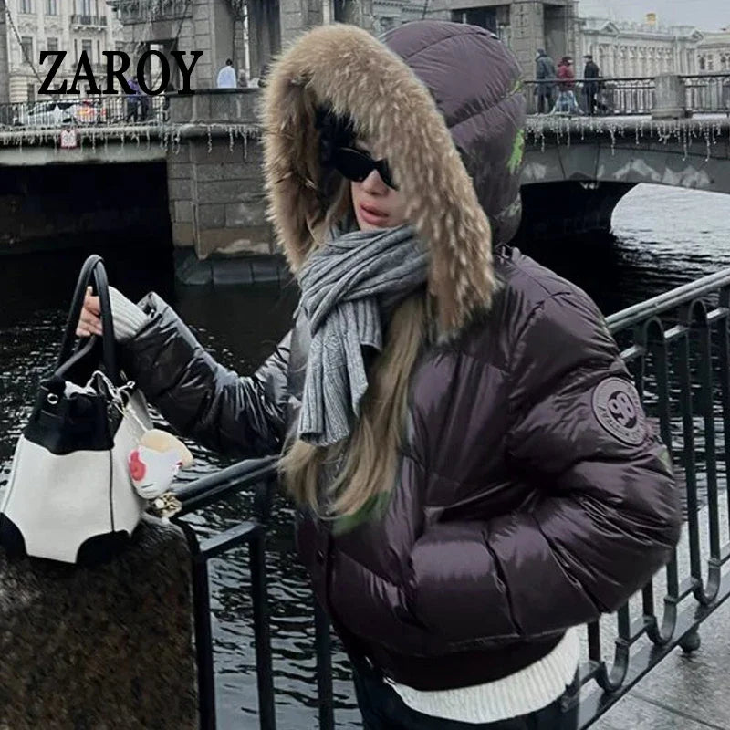 ZAROY Faux Fur Hooded Cotton Puffer Jacket Women Winter Quilted Zipper Pocket Coat Y2K Retro Padded Parkas High Street Outerwear LadyShow.Store