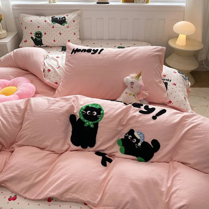 Cute Cat  Bedding Set For adults kids Brown pink Lovely Bed Sheet set With Pillowcases Colorful King Queen Full size LadyShow.Store