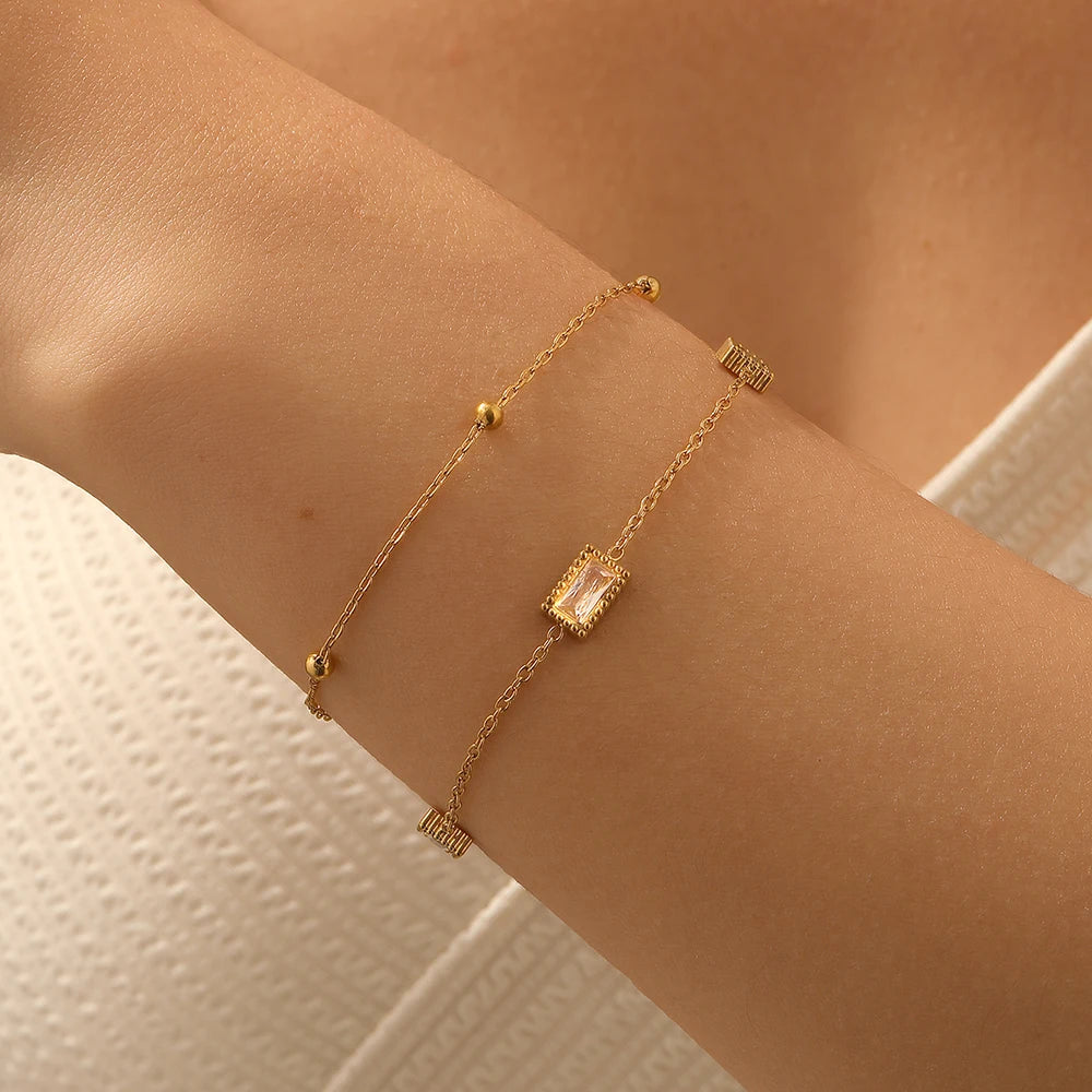 MEYRROYU 316L Stainless Steel White Zircon Inlay Cuboid Series Design Double-Layer Bracelet Women Classic Classy Hand Chain Gift Pi-Mart