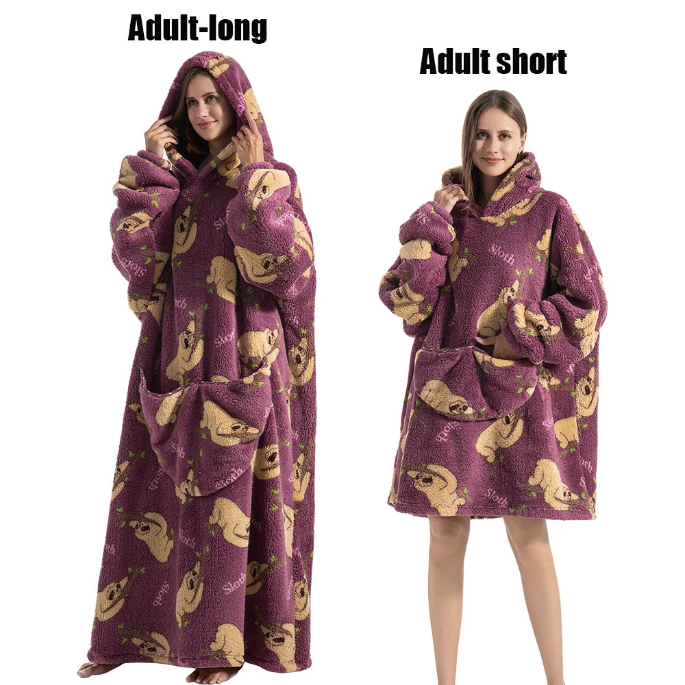 Women Plush Fleece Blanket Men Warm Thick Hoodies Adult Giant TV Blanlets with Sleeves Super Long Cold-proof Homewear Pajamas Pi-Mart
