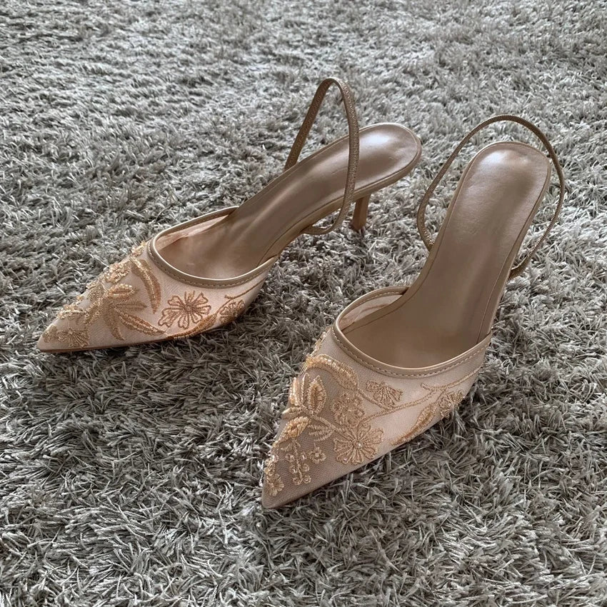 Mesh Embroidered Fashion Sandals Women String Bead High Heels Mules Shoes Pointed Toe Slingback Slippers Women Zapatos De Mujer LadyShow.Store