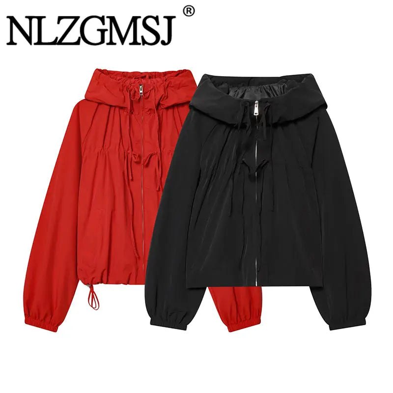 Nlzgmsj 2026 Spring Casual Hoodie Red Jackets Women Long Sleeve Zipper Short Coats Fashion Y2K Girl Outwears Pi-Mart