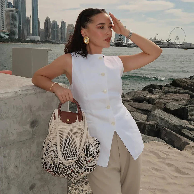 MUJER 2025 White Sleeveless Vest Women Button Summer Vests for Women Jacket Pink Vest Top Women Streetwear Women's Tailored Vest LadyShow.Store