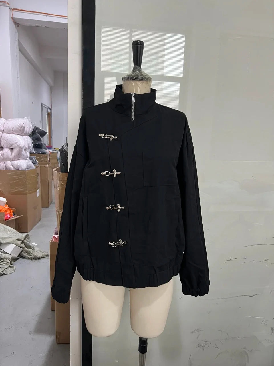 2026 Single Breasted Buckle Zipper Design Versatile Jacket Lady Trendy Elegant Tops Spring Loose Casual Stand Collar Street Coat LadyShow.Store