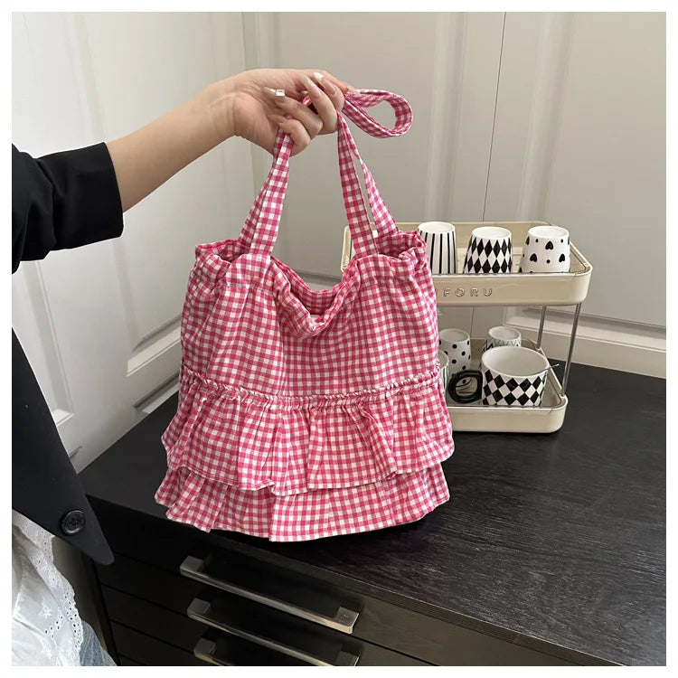 Large Capaci Cute Plaid Cotton Tote Bag  Lace Trim Women's Summer 2025 Simple Lady Handbag Soft Shoulder Bags Bolsa Feminina Pi-Mart