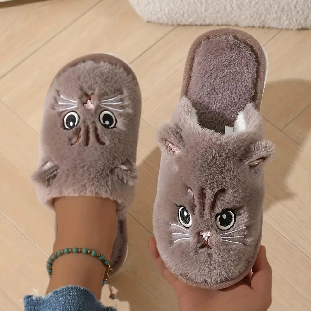 Womens Plush Cat Slippers Winter Warm Cozy Indoor House Shoes Soft EVA Sole Non-Slip Design LadyShow.Store