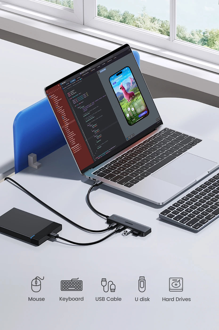 UGREEN USB 3.0 HUB 4 Ports USB-C HUB Slim for Mouse Keyboard Compatible with MacBook Pro Air Laptop Desktop PC Xbox PS5 Splitter Pi-Mart