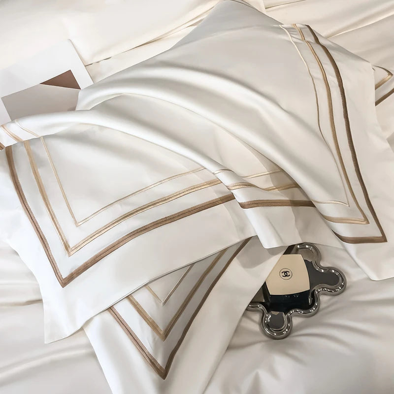 Hotel Style Bedding Set Luxury Golden Embroidery Duvet Cover Grey Egyptian Cotton Bed Sheets Pillowcases Solid Color Bedclothes Pi-Mart