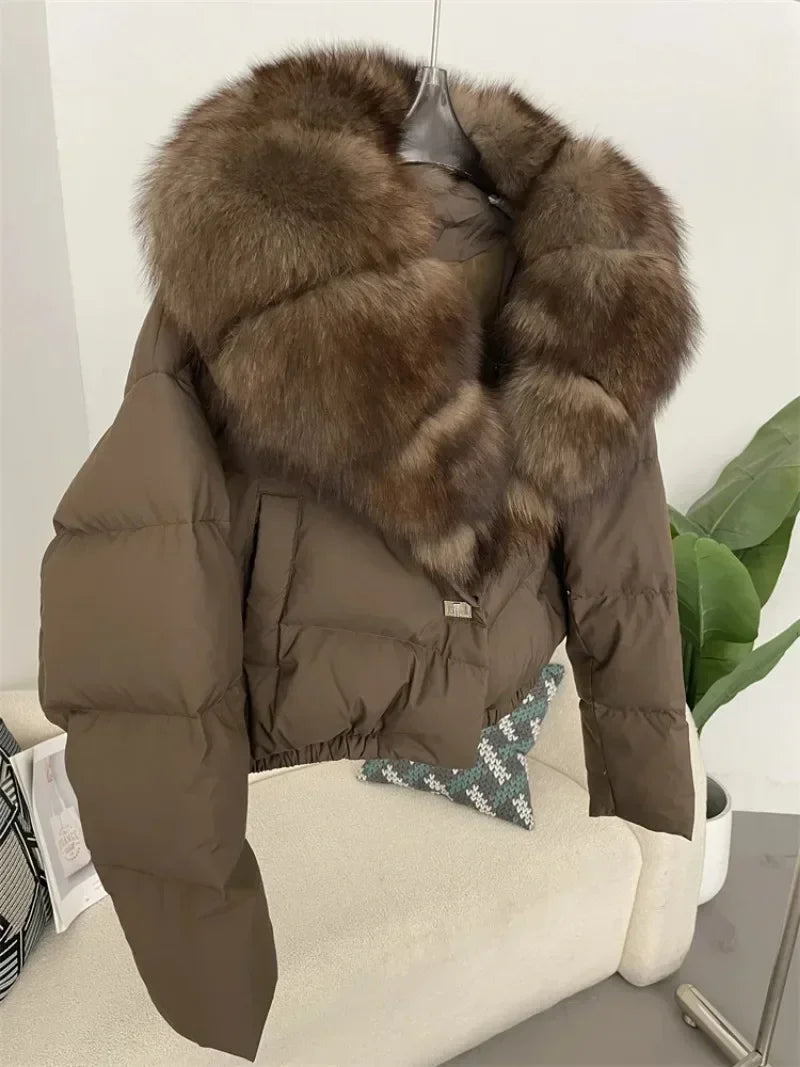 Down Jacket Women Short Puffer Jacket Thick New Big Natural Real Fox Fur Coat  Autumn Winter Female White Duck Down Coat Feather LadyShow.Store