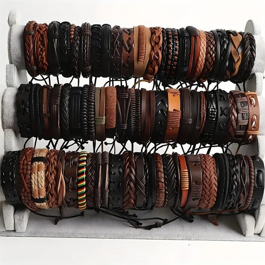 20Pcs Braided Leather Bracelets for Men Women Wrap Wood Beads Cuff Bracelet Hemp Cords Ethnic Tribal Handmade Wrap Wristband Bra Pi-Mart