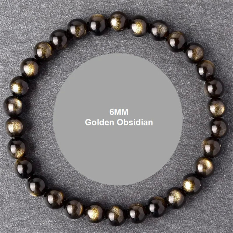 Natural Golden Obsidian Stone Beads Bracelet Men Women Golden Light Rainbow Obsidian Raw Stone Round Bead Natural Energy Jewelry Pi-Mart